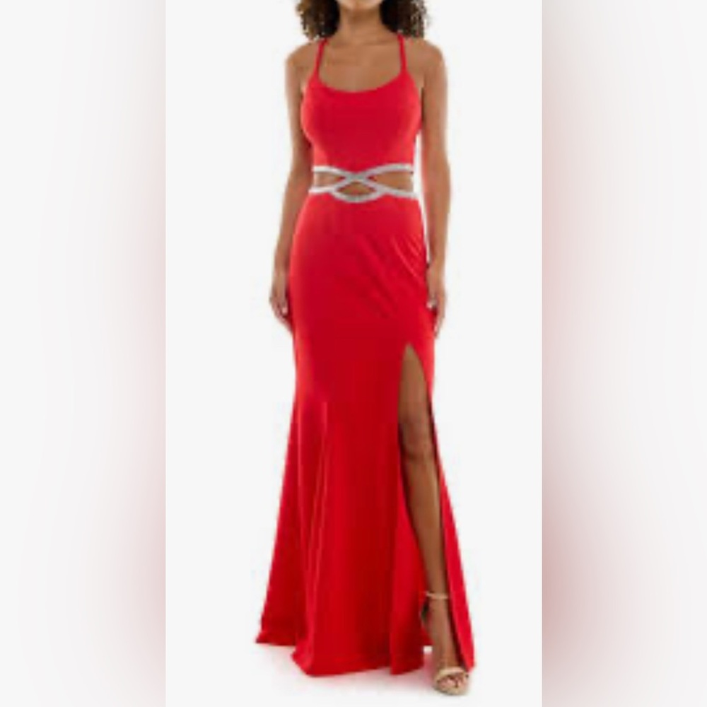 Red Cutout Gown w/ Rhinestone Trim & High Slit Formal Evening Prom Dress Size 13